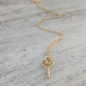 Gold Necklace, Tiny Gold Necklace, Heart Key..