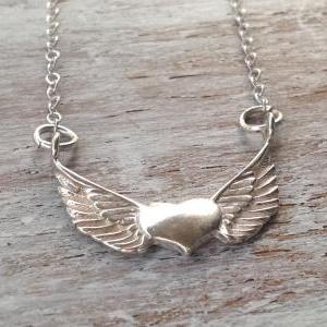Silver Necklace, Heart And Wings Necklace,..