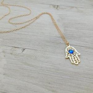Gold Necklace, Gold Hamsa Necklace, Hamsa Jewelry,..