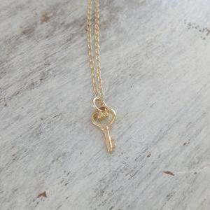 Gold Necklace, Heart Key Necklace, Tiny Gold..