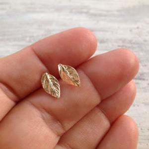 Gold Earrings, Stud Earrings, Leaf Earrings, Gold..