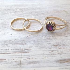 Set Of 3 Rings- Gold Ring, Amethyst Ring, Cocktail..