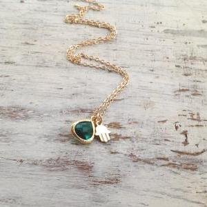Gold necklace, hamsa necklace,green..