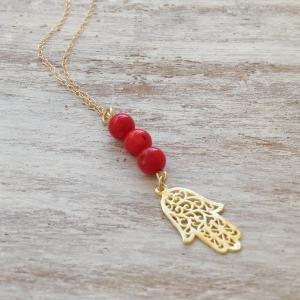 Hamsa Necklace, Gold Filled Hamsa Necklace, Red,..