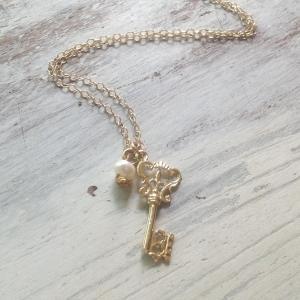Gold Necklace, Gold Key Necklace, Delicate..
