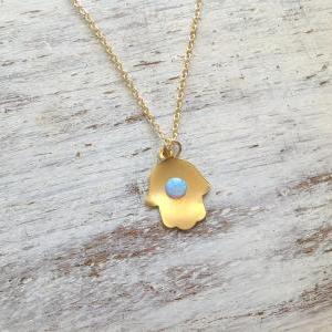 Hamsa Necklace, Gold Necklace, Opal Hamsa..