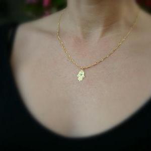 Hamsa necklace, gold necklace, gold..