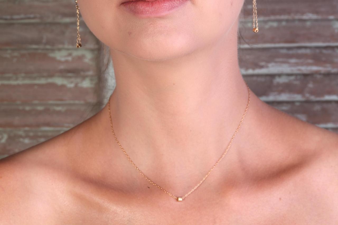 Gold Necklace, Cube Necklace, Tiny Gold Necklace, Wedding Jewelry, Bridesmaid Jewelry, Petite Necklace - N02