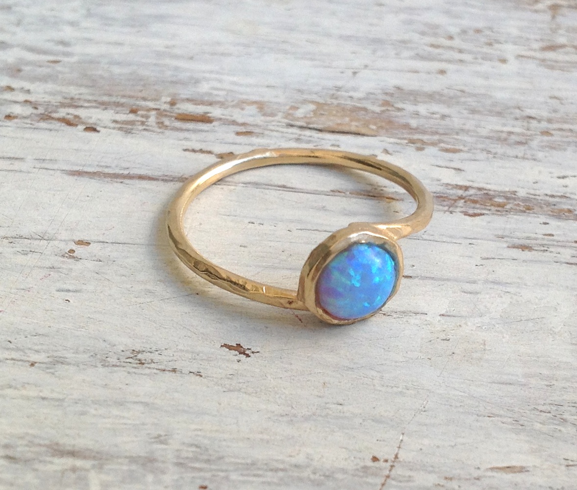 Gold Filled Ring, Gemstone Ring, Stacking Ring, Blue Opal Ring, Gold Rings, Blue Opal, Thin Ring, Hammered Ring - T 13