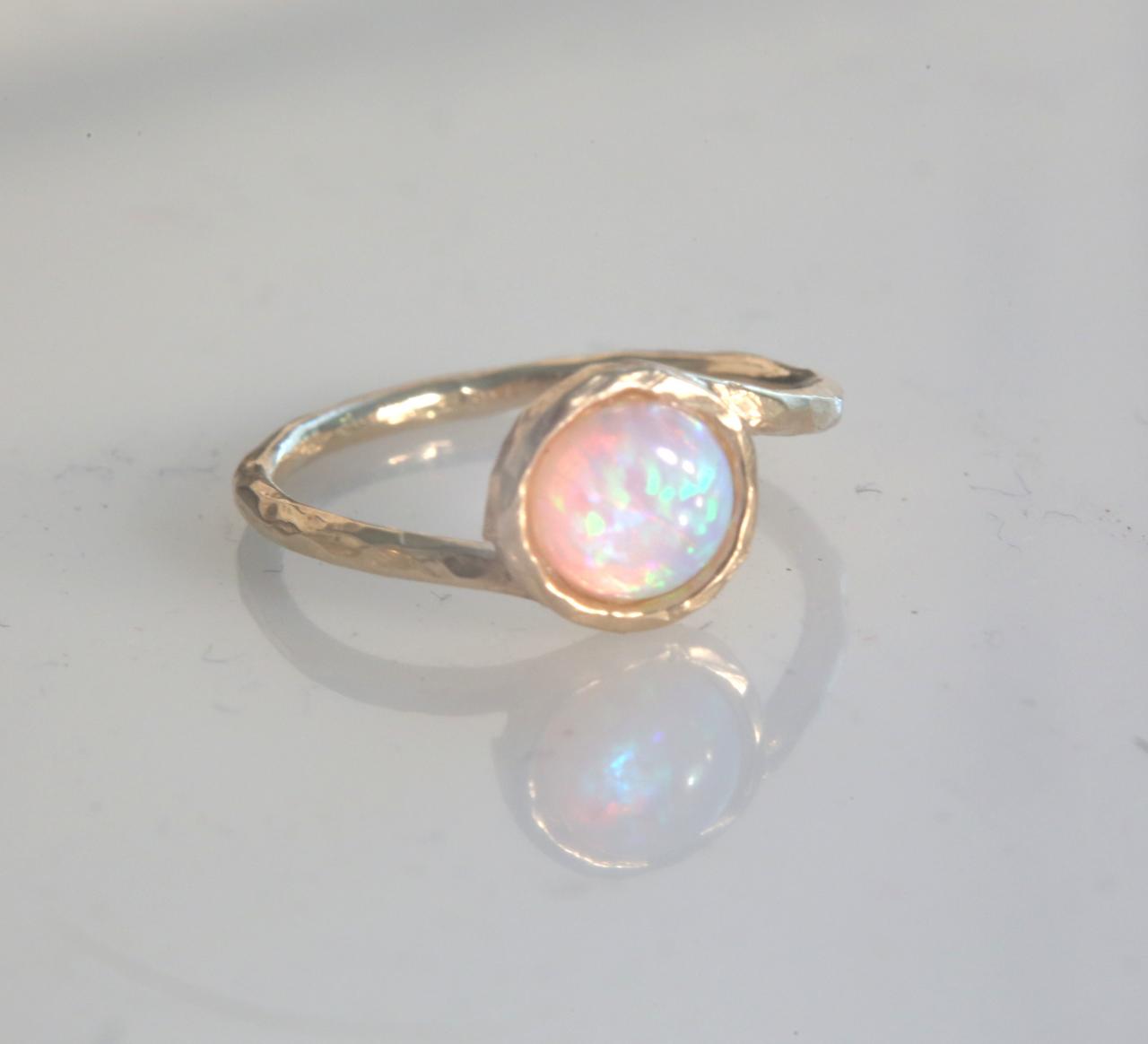 gold filled ring, gemstone ring, stacking ring, white opal ring, gold rings, opal, thin ring, hammered ring - t 13