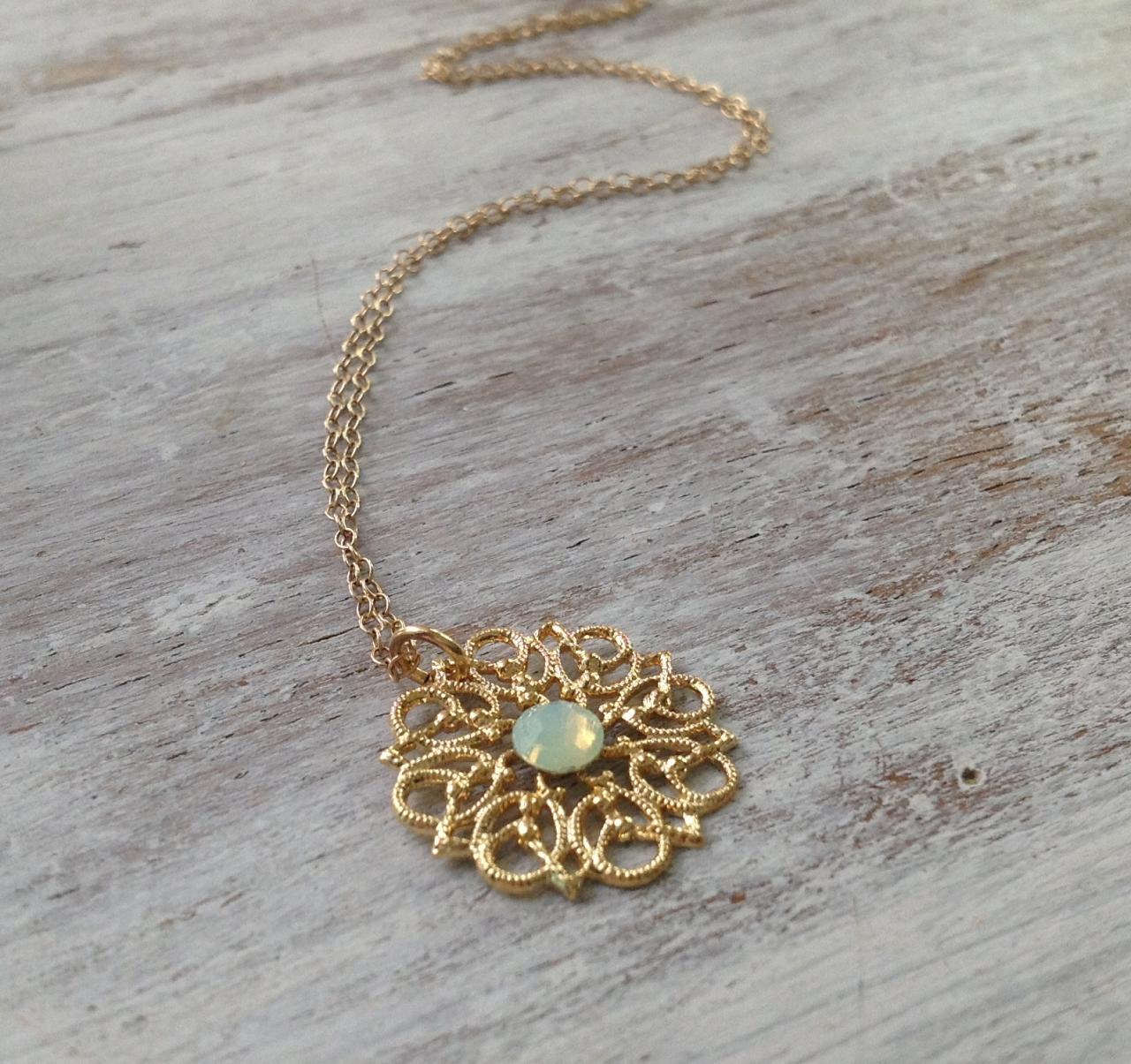 gold necklace, Gold flower necklace, delicate necklace, swarovski stone, lace pattern necklace 7012