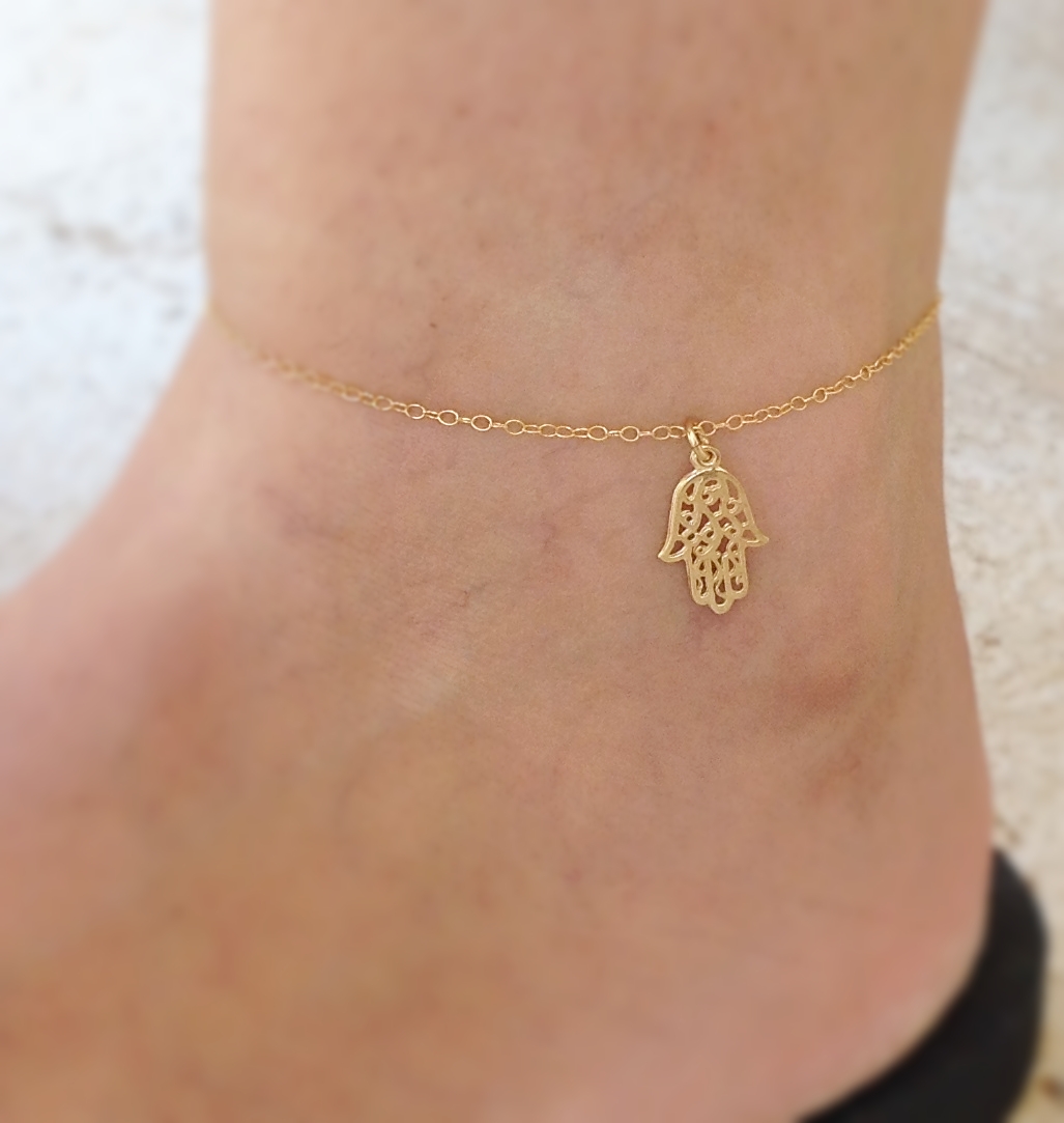 Gold anklet, gold filled hamsa anklet, hamsa anklet, gold ankle bracelet, luck anklet, summer anklet - 10035
