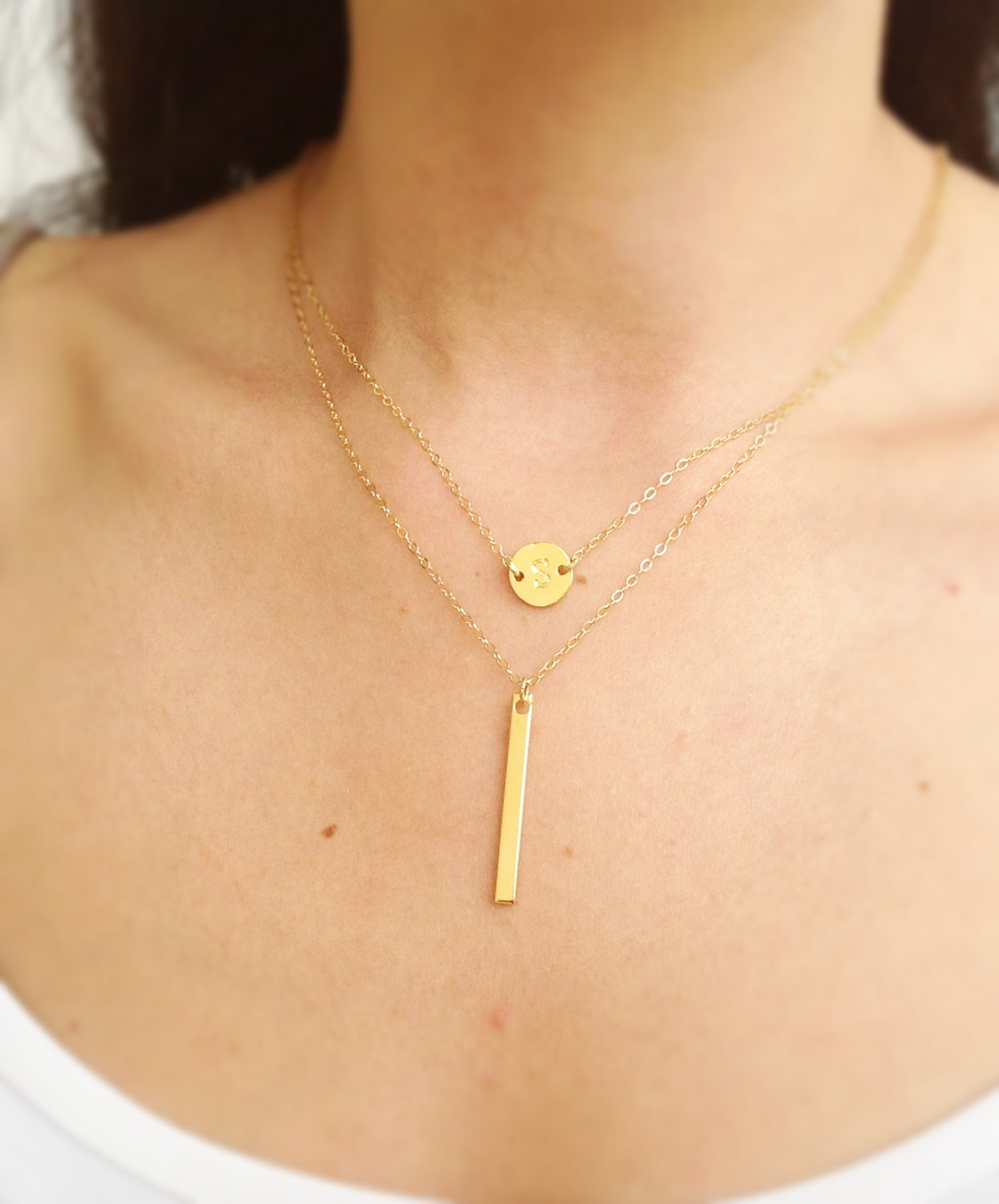 Initial necklace,gold necklace, set of two necklaces, bar necklace, gold filled necklace, personalized necklace -B027