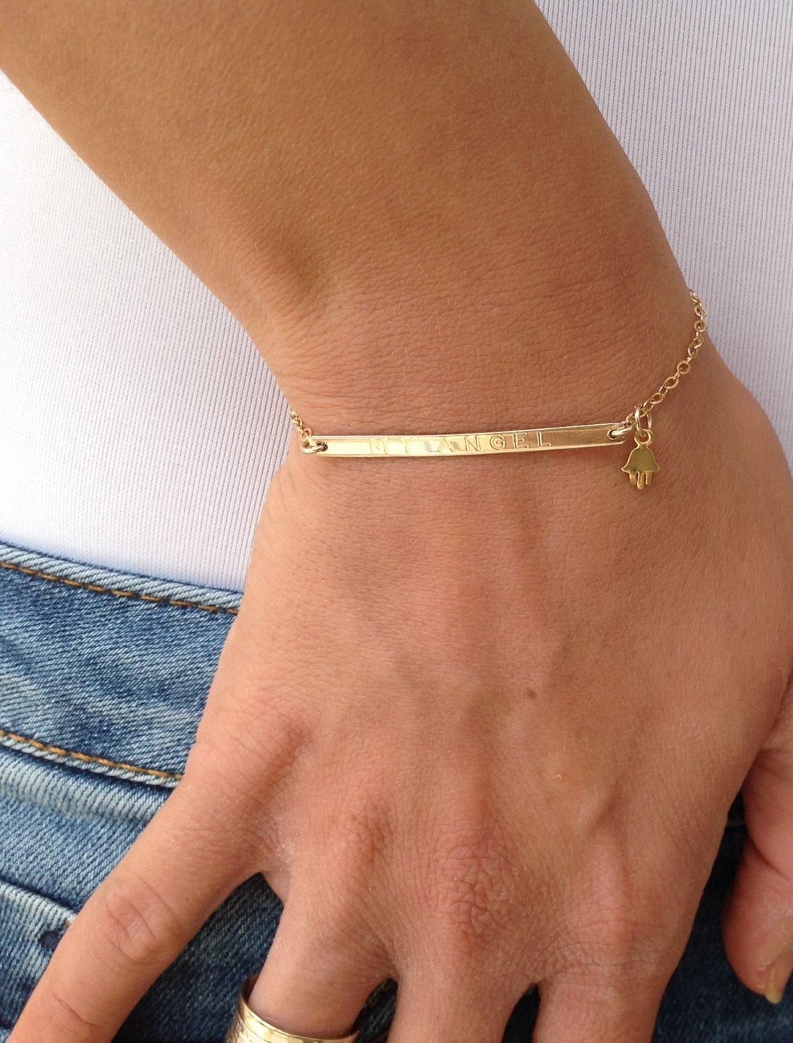 Hamsa bracelet, personalized bracelet, hamsa bar bracelet, gold bracelet, custom bar bracelet B010