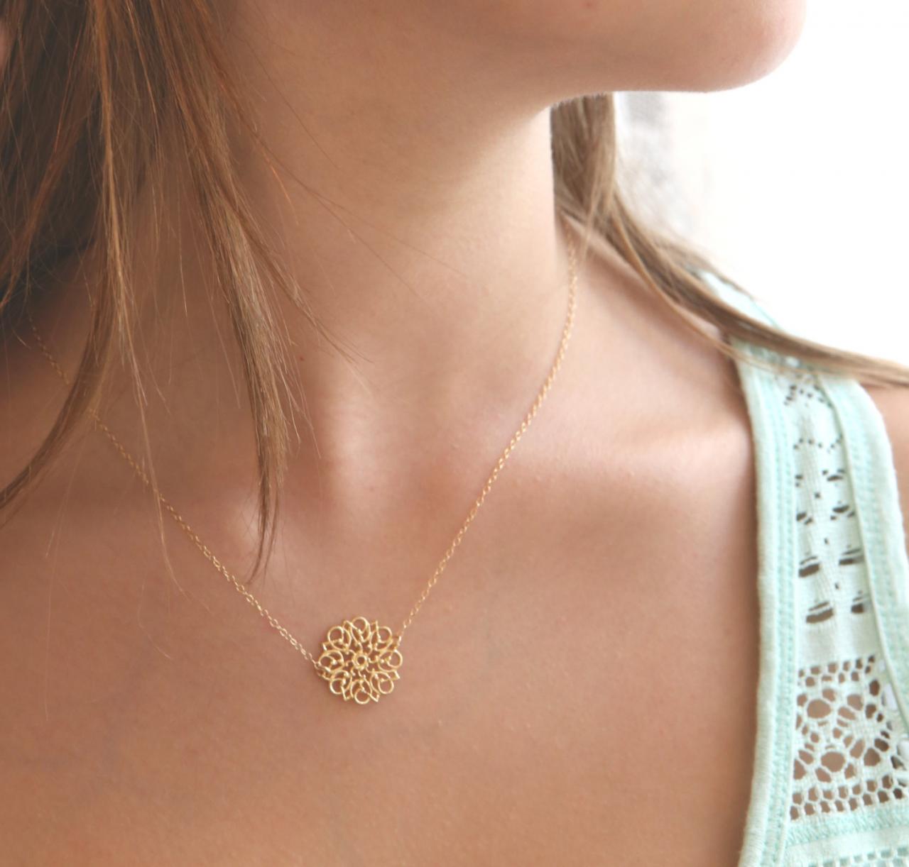 gold necklace, gold flower necklace, lace patern, dainty necklace, simple gold necklace, wedding, evening 033