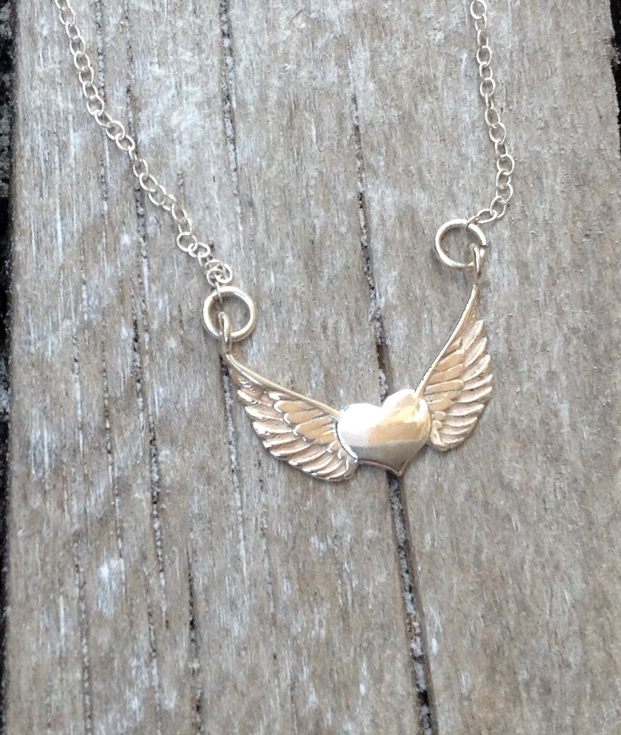 Silver Necklace, Heart And Wings Necklace, Sterling Silver Charm, 1silver Charm Necklace 013