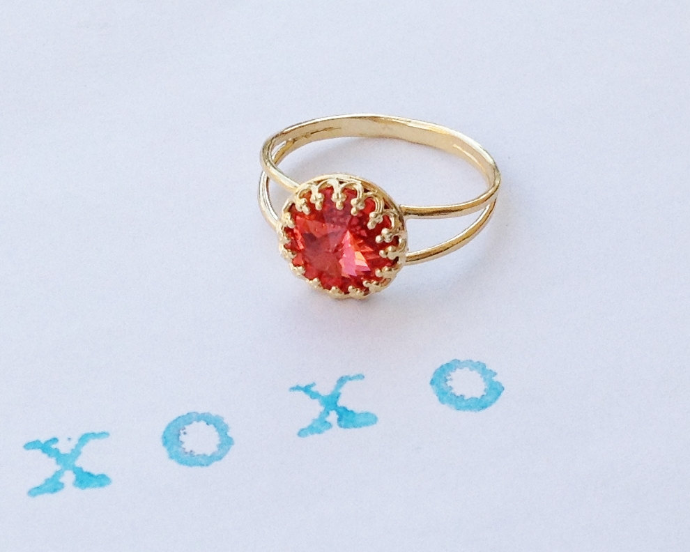 Gold Ring, Gold And Red , Gold Filled Ring, Delicate Gold Necklace, Red Ring, 1valentine's Gift B2