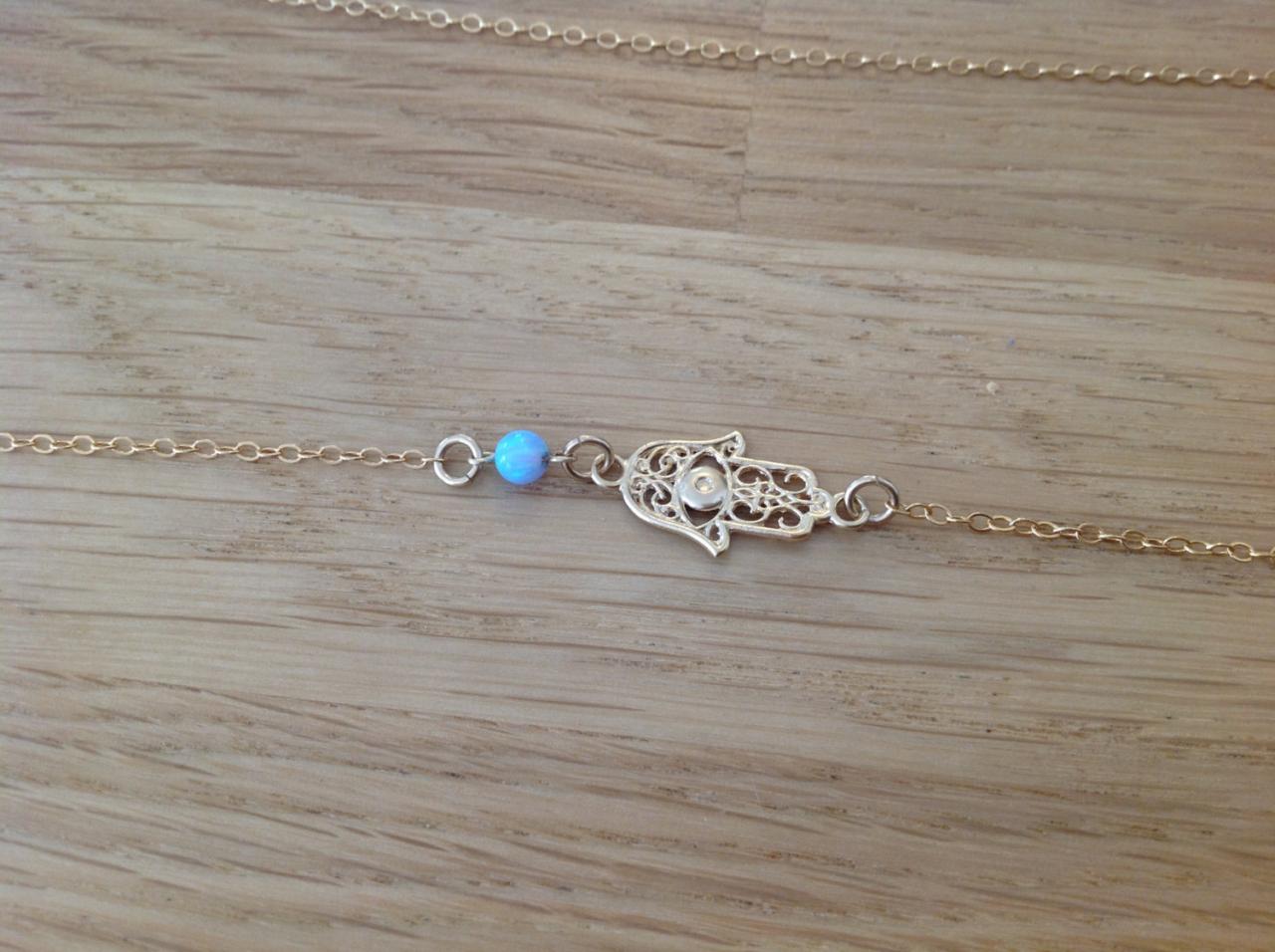 Gold Necklace, Gold Hamsa Necklace, Hamsa Jewelry, Opal Necklace, Opal And Hamsa Necklace-d30