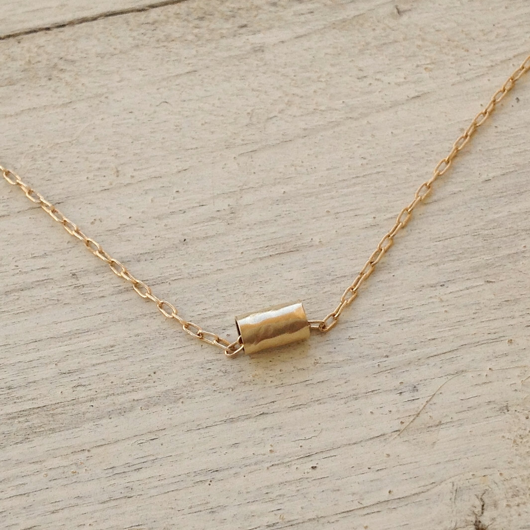 Gold Necklace, Tube Necklace, Tiny Gold Tube Necklace, Petite Jewelry, Flower Necklace, Charm Necklace -d17