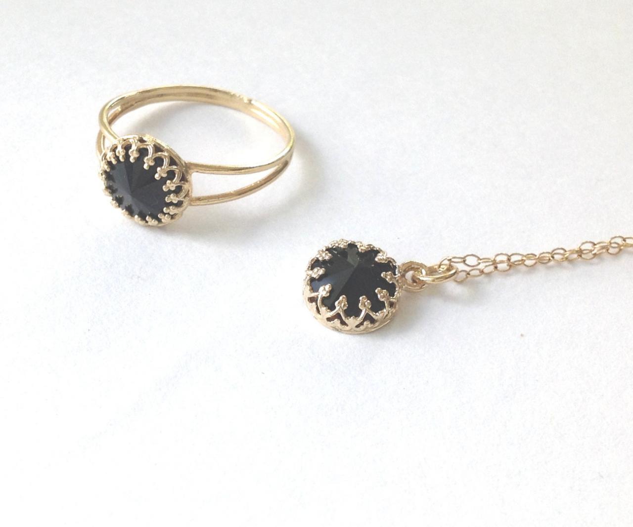 Gold ring, gold and black , black swarovski, gold filled ring, delicate gold necklace, black pendant, black ring B1