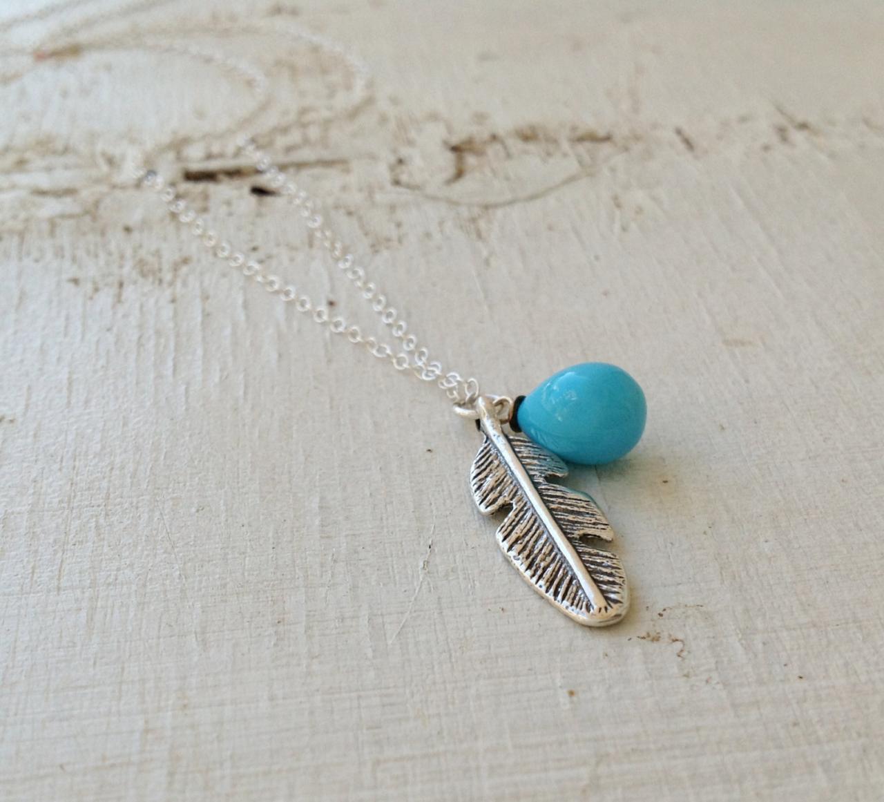 Feather Necklace, Silver Feather , Silver Feather Necklace, Tribal Necklace, Everyday Necklace, Silver And Blue - D6