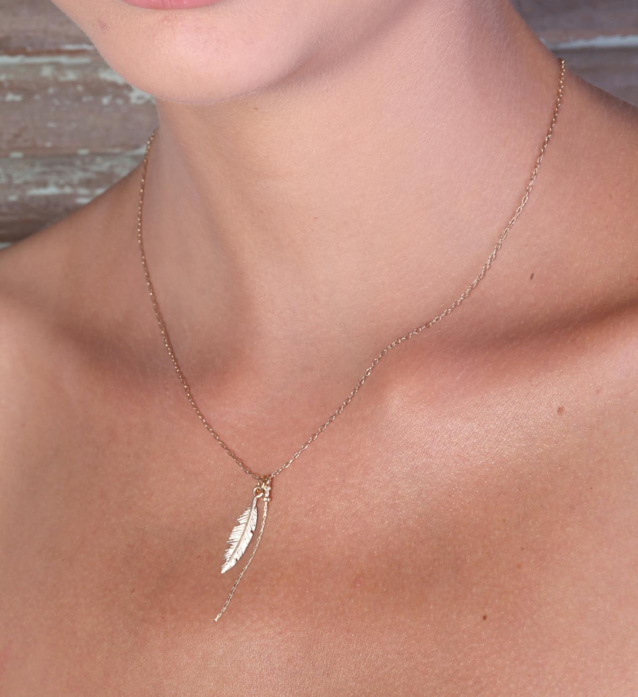 Gold necklace, Feather necklace, unique necklace, leaf necklace, delicate necklace, style, feather pendant - 593