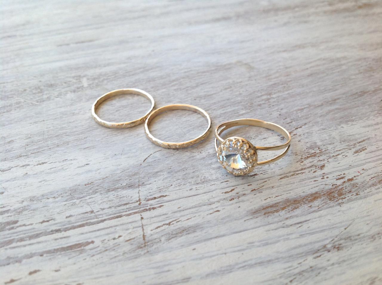 Set Of 3 Rings - Gold Ring, 3 Stacking Ring, Vintage Ring, Gold Rings, Clear Crystal Ring, Stack Gold Ring