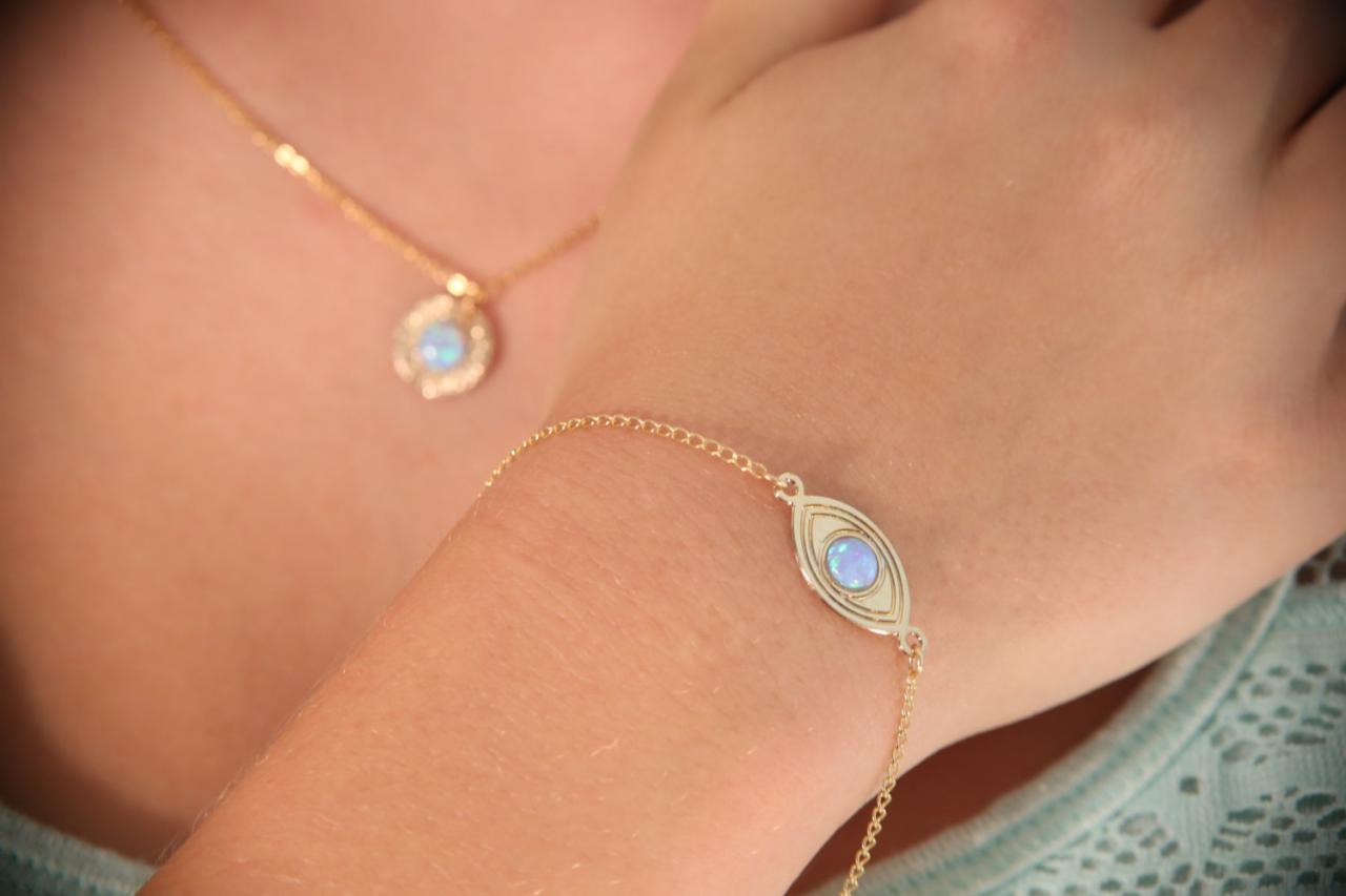 gold bracelet, opal gold bracelet, everyday bracelet, evil eye bracelet, blue opal, opal bracelet - 10027