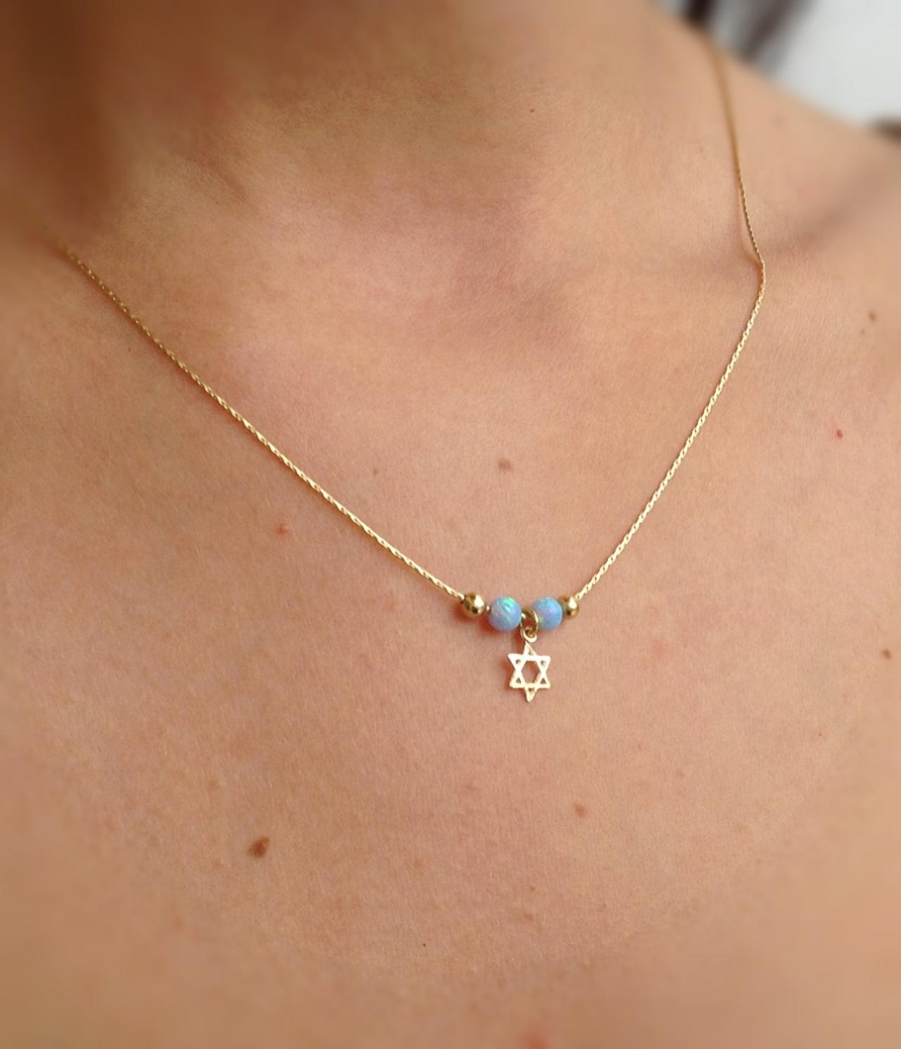 Gold necklace, opal necklace,star of david necklace ,14k gold filled , blue opal necklace 10040