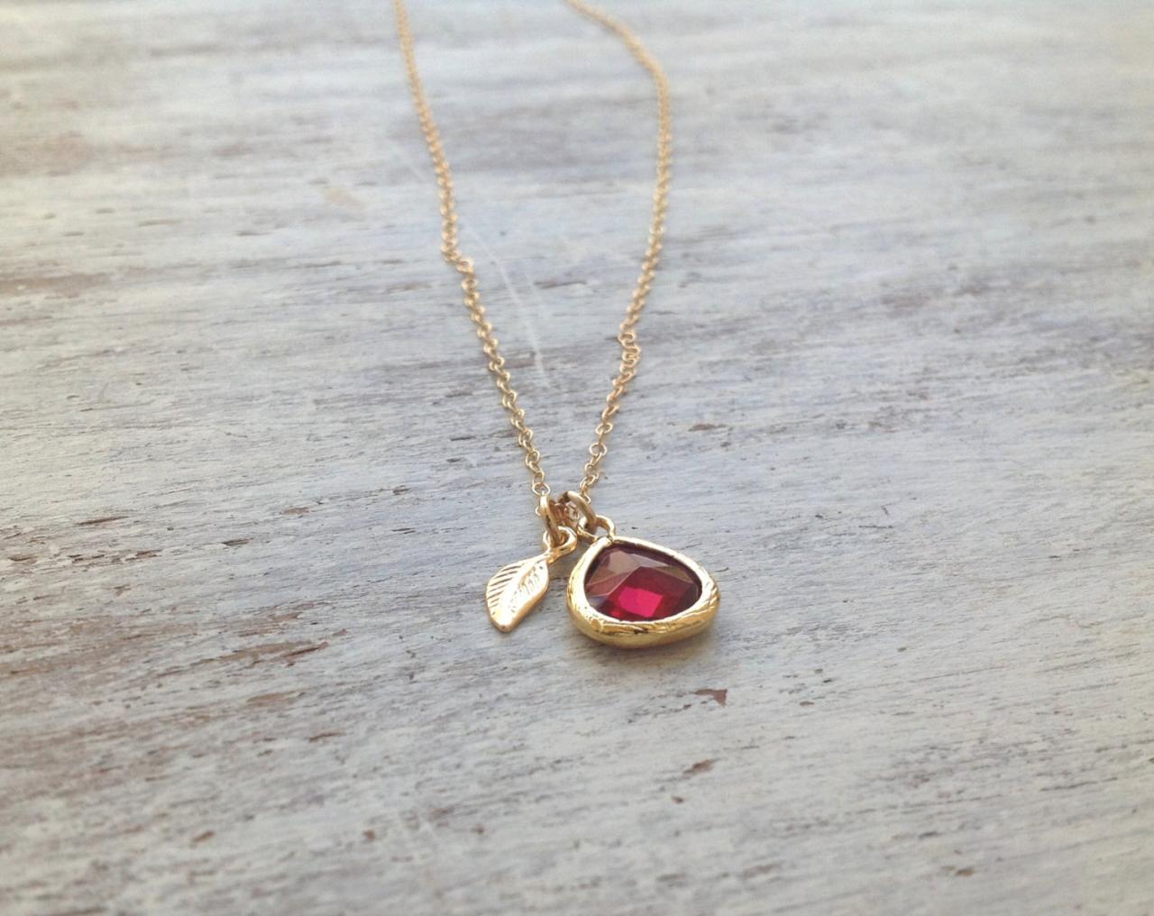 Gold Necklace, Ruby Necklace,red And Gold, Summer, Gold Filled, Ruby Blue Glass Pendant And Tiny Gold Leaf - 7008