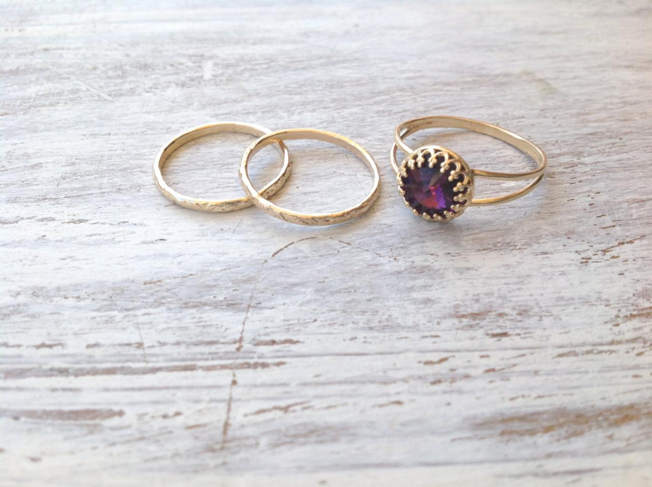 Set Of 3 Rings- Gold Ring, Amethyst Ring, Cocktail Ring, Stacking Ring, Bridesmaids Rings, Romantic Gold Ring, Vintage Ring