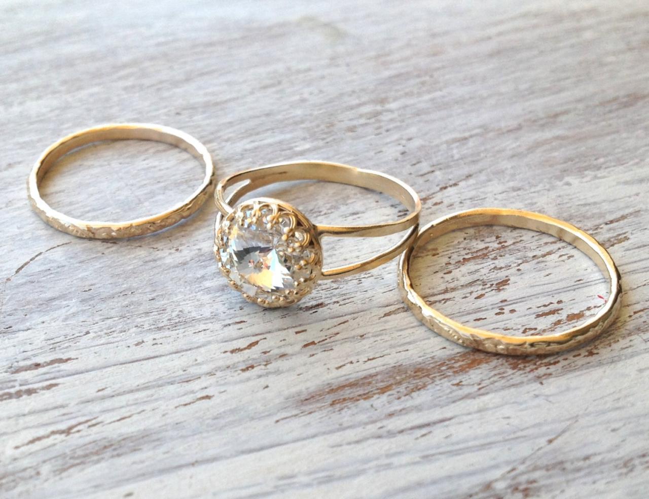 Set Of 3 Rings - Gold Ring, 3 Stacking Ring, Vintage Ring, Gold Rings, Clear Crystal Ring, Stack Gold Ring- Rc3