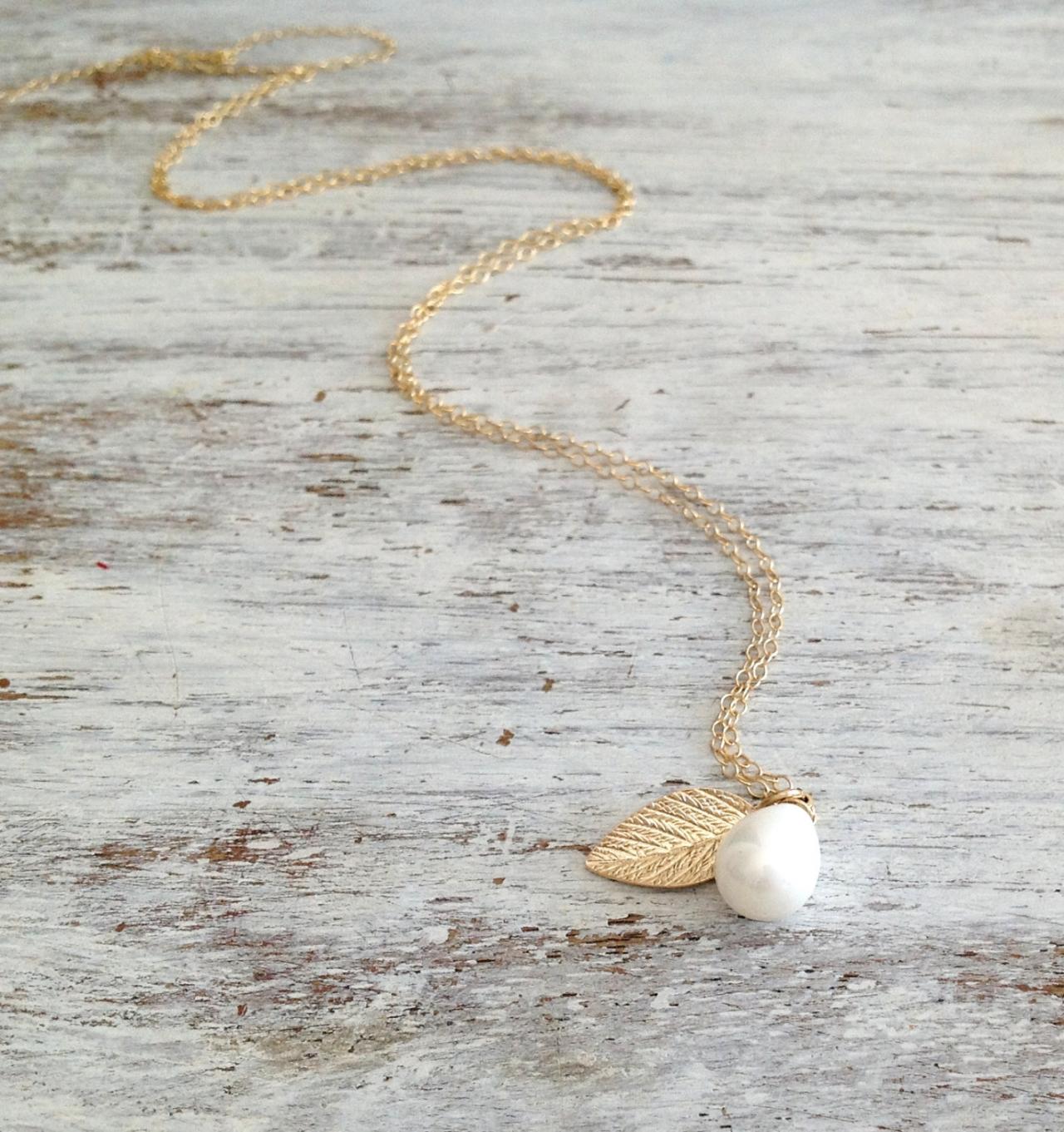 Gold Necklace, Pearl Necklace, Unique Necklace, Leaf Necklace, Delicate Necklace, Holiday Gift, Fall - 10012