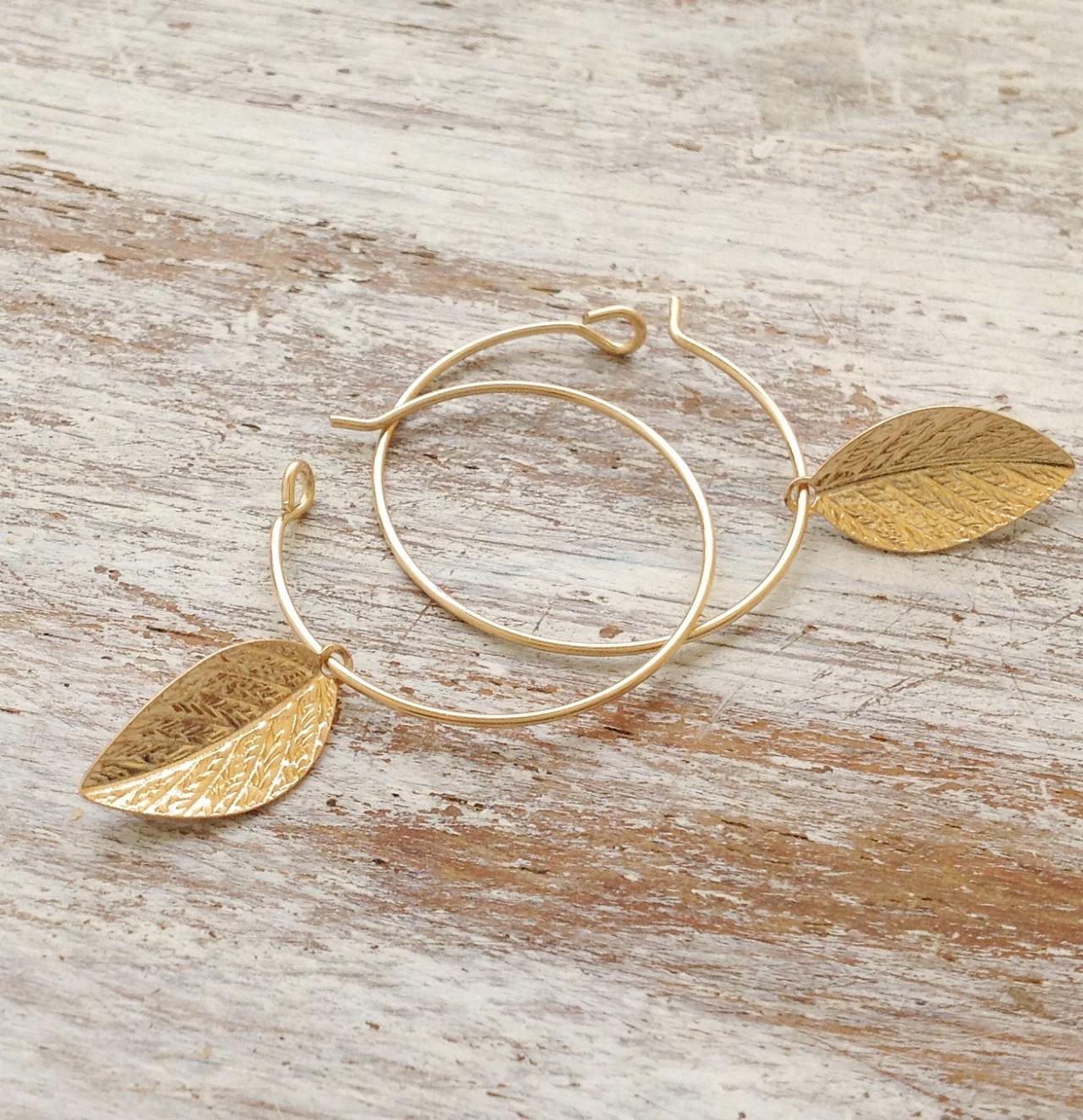 Gold Earrings, Gold Filled Earrings, Hoop Earrings, Leaf Earrings, Leaf Jewelry, Gold Filled Hoop, Simple Gold Earrings- 20007