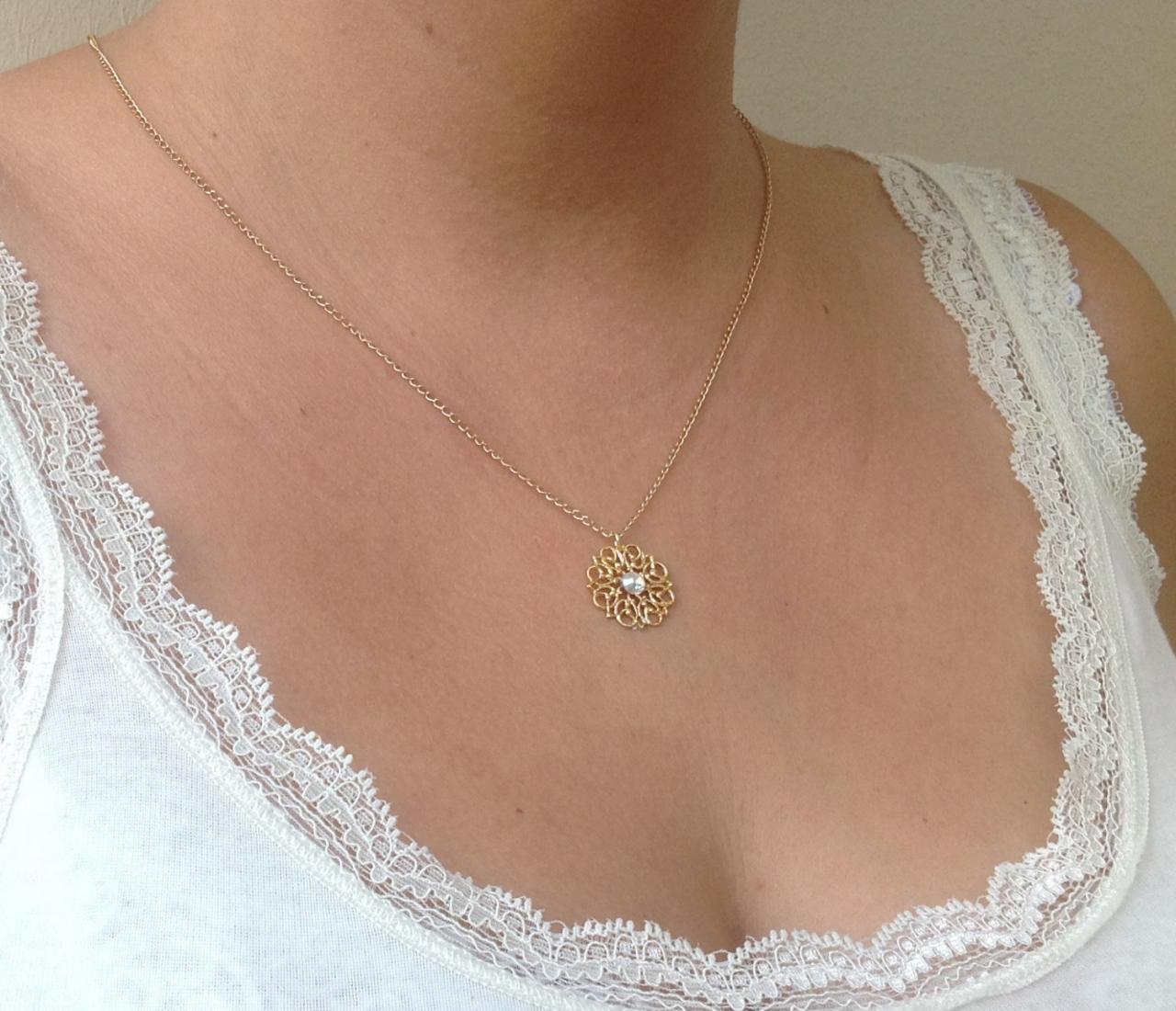 Gold Necklace, Gold Flower Necklace, Delicate Necklace, Swarovski Stone, Lace Pattern Necklace 7012