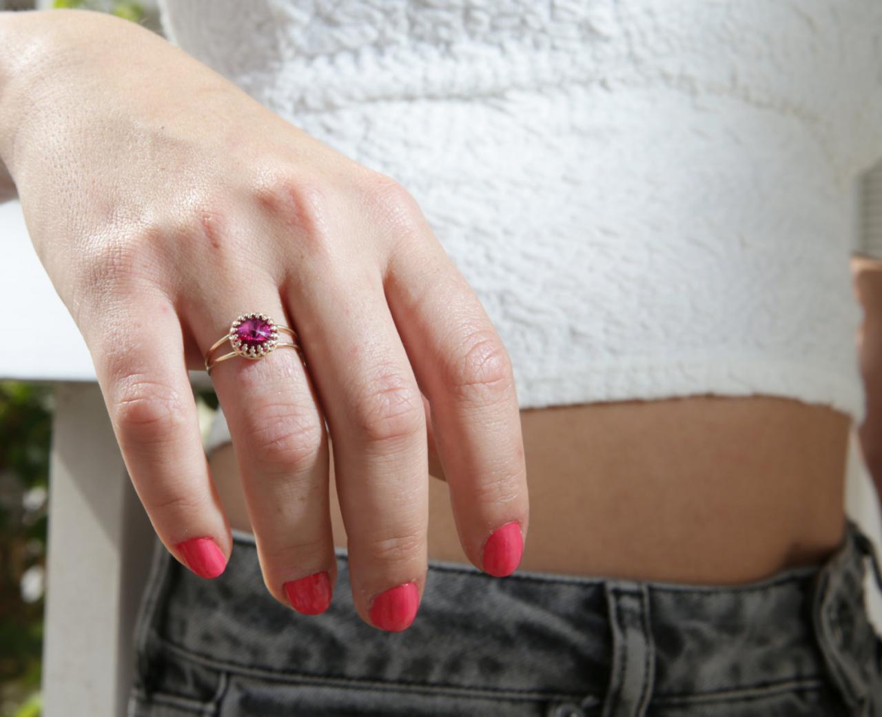 Gold Ring,pink Ring, Stacking Ring, Valentine's Day Gift, Stackble Ring, Fuchsia Ring, Stackble Gold Ring, Pink