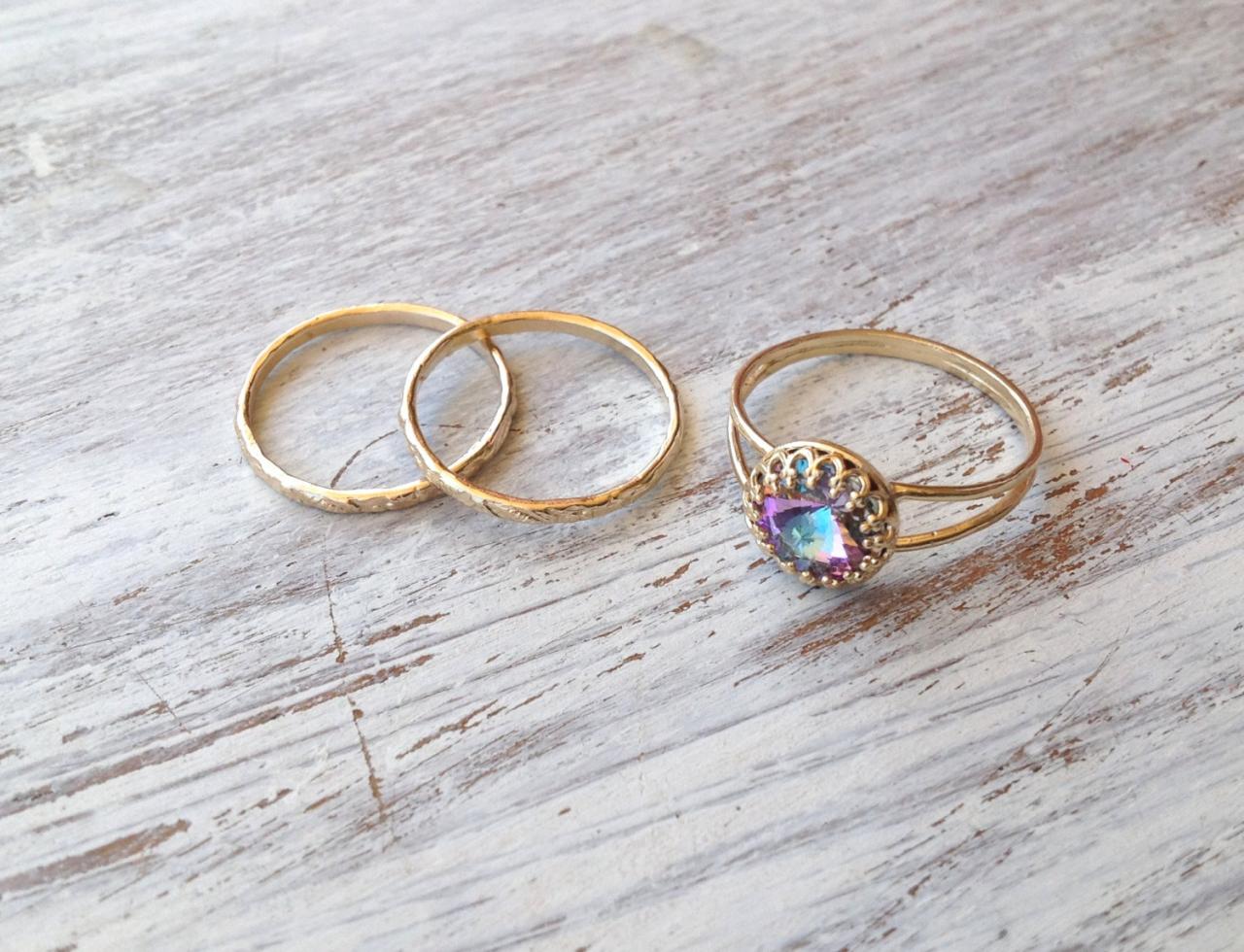 SET OF 3- Gold ring, stacking ring, vintage ring, stackble ring, crystal ring, stackble gold ring, light purple, any size